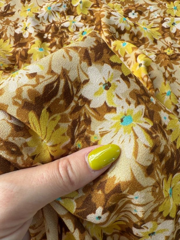 Brown Yellow White Floral Daisy Print Soft Rayon Crepe Woven "Bright Spots"