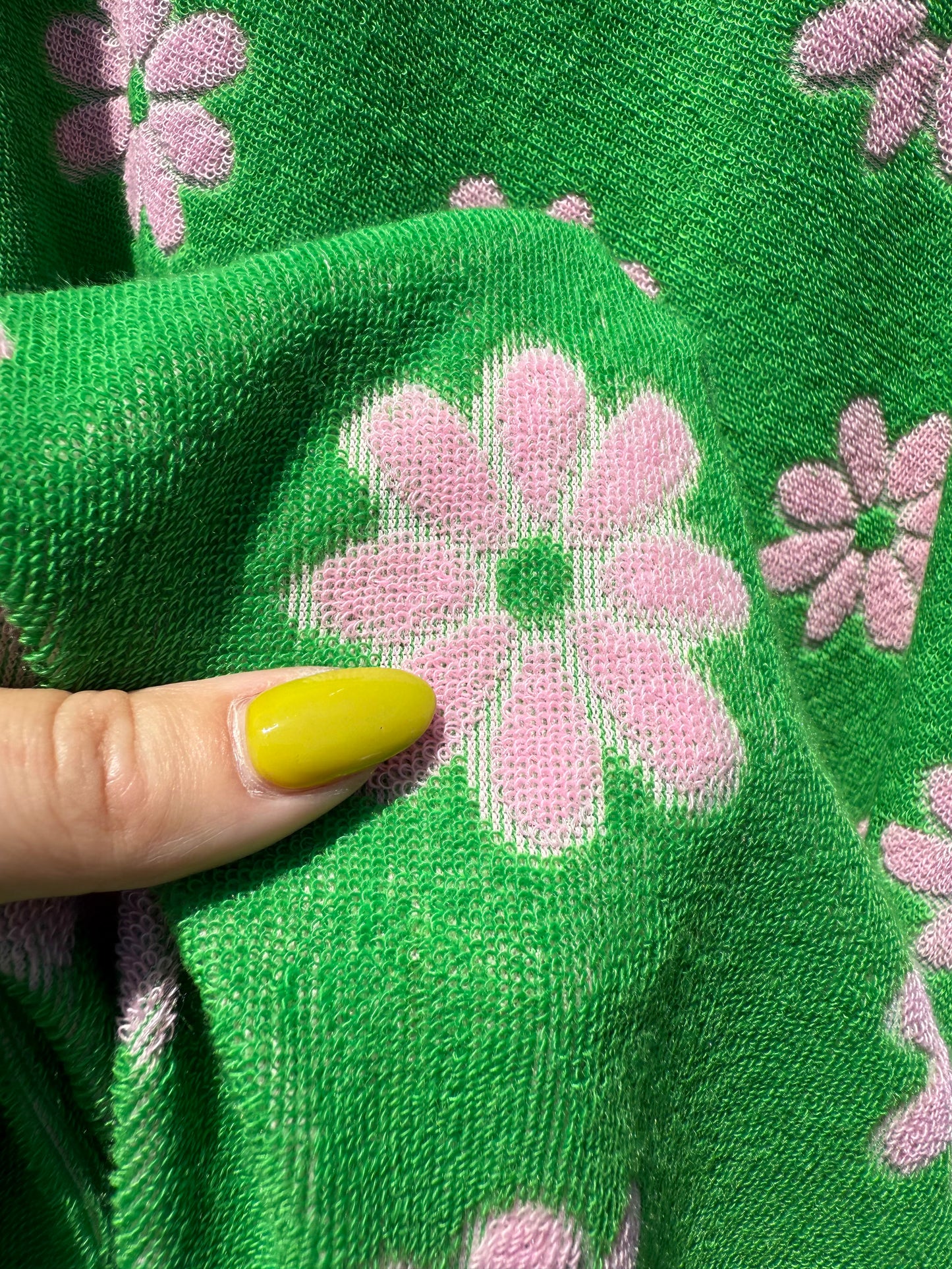 Green Pink Daisy Floral Polyester Terry Cloth Knit "Spring Daisy"