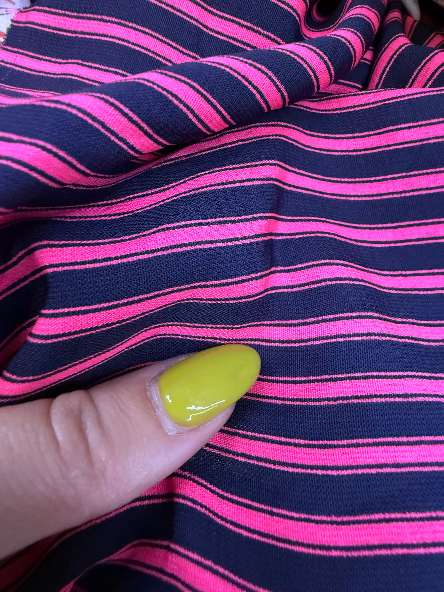 Neon Pink Navy Thin Stripe Polyester Woven "Legally Pink"