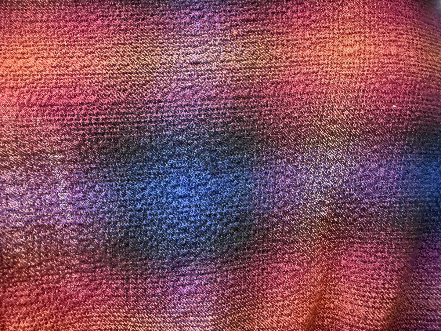 Pink Yellow Blue Black Purple Orange Faded Plaid Textured Rayon Crepe Woven "Bleary Sunset"