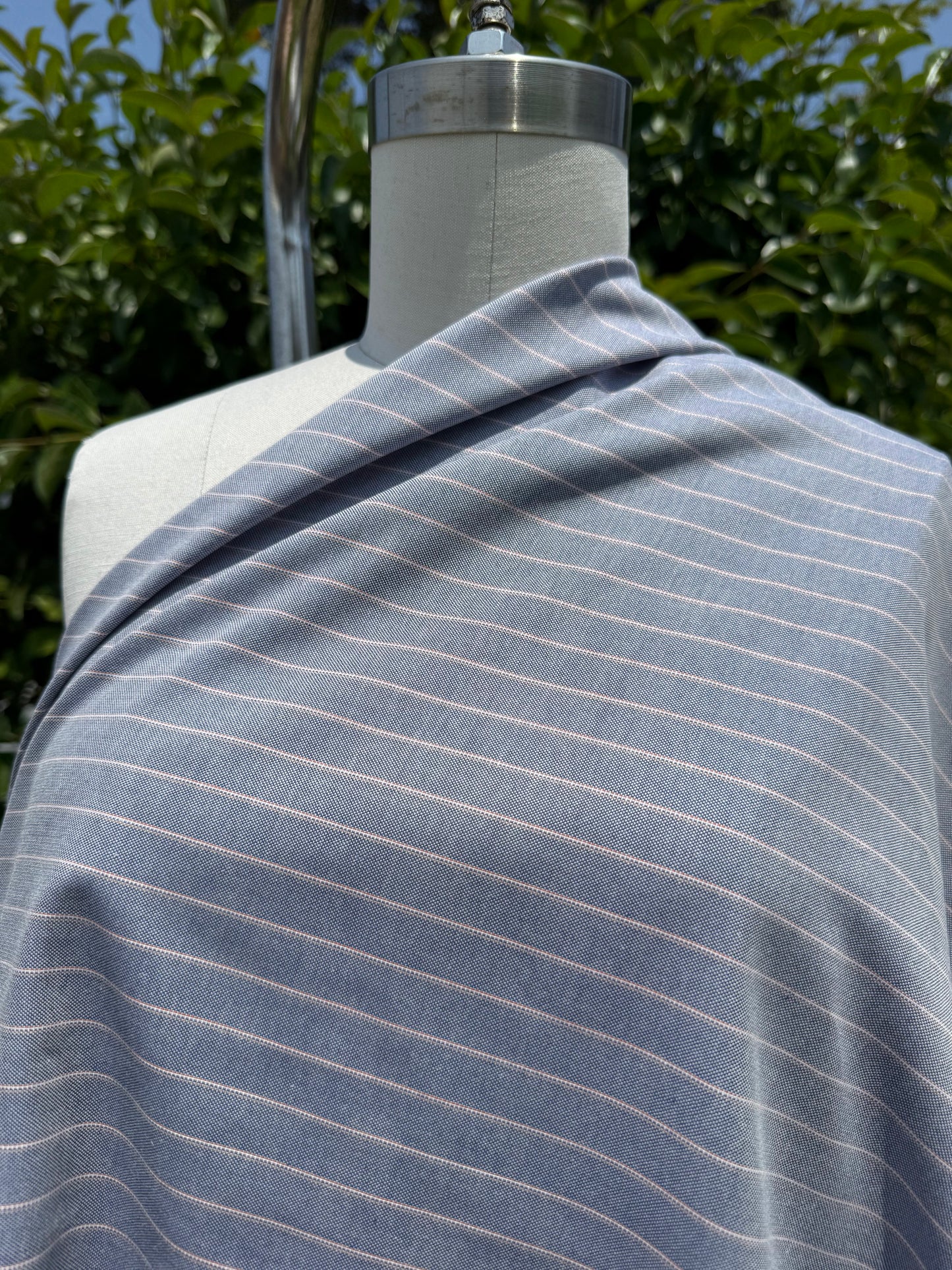 White Orange Blue Stripe Cotton Oxford Chambray Woven "Saddle Stitch"