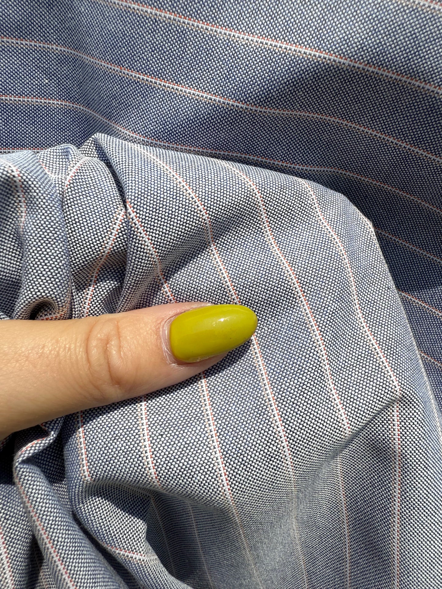 White Orange Blue Stripe Cotton Oxford Chambray Woven "Saddle Stitch"