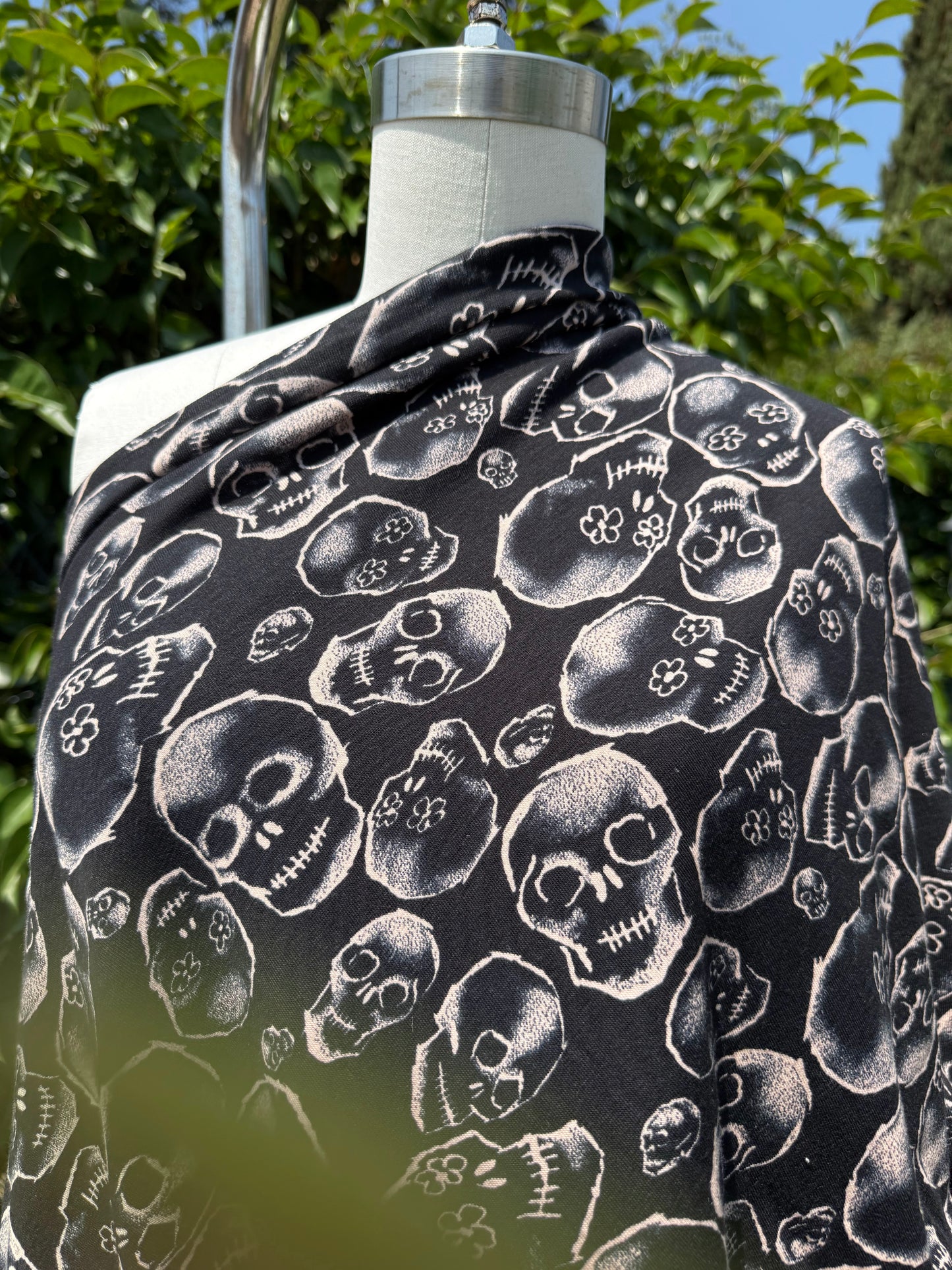 Black Ivory Skull Print Cotton Spandex Jersey Knit "Petal-Eyed Spirits"