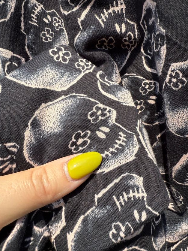 Black Ivory Skull Print Cotton Spandex Jersey Knit "Petal-Eyed Spirits"