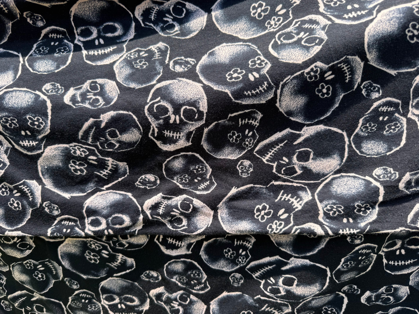 Black Ivory Skull Print Cotton Spandex Jersey Knit "Petal-Eyed Spirits"
