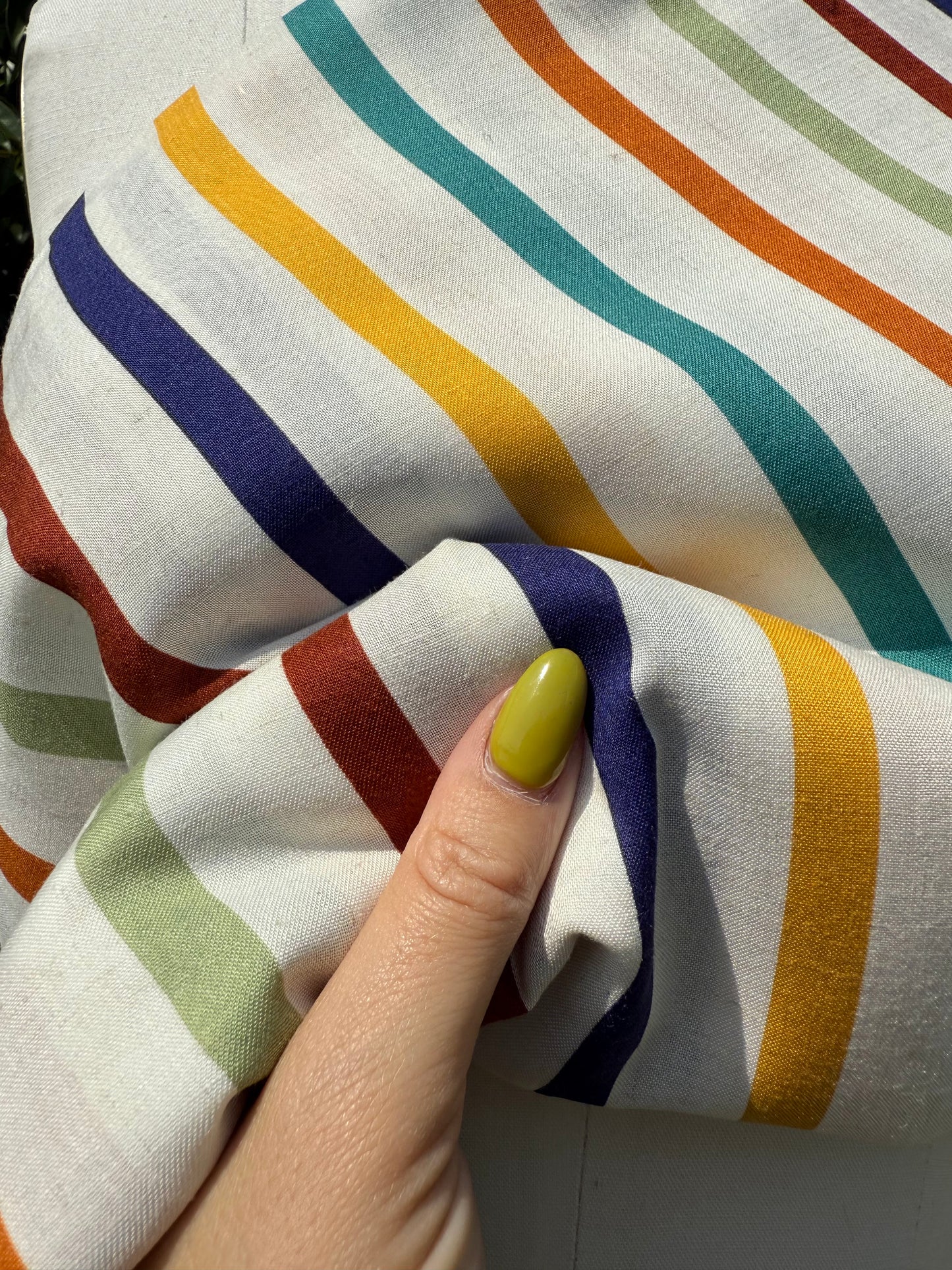 Thin Coral Navy Brown Gold Off White Vertical Stripe Rayon Challis Woven "Safari Playground"