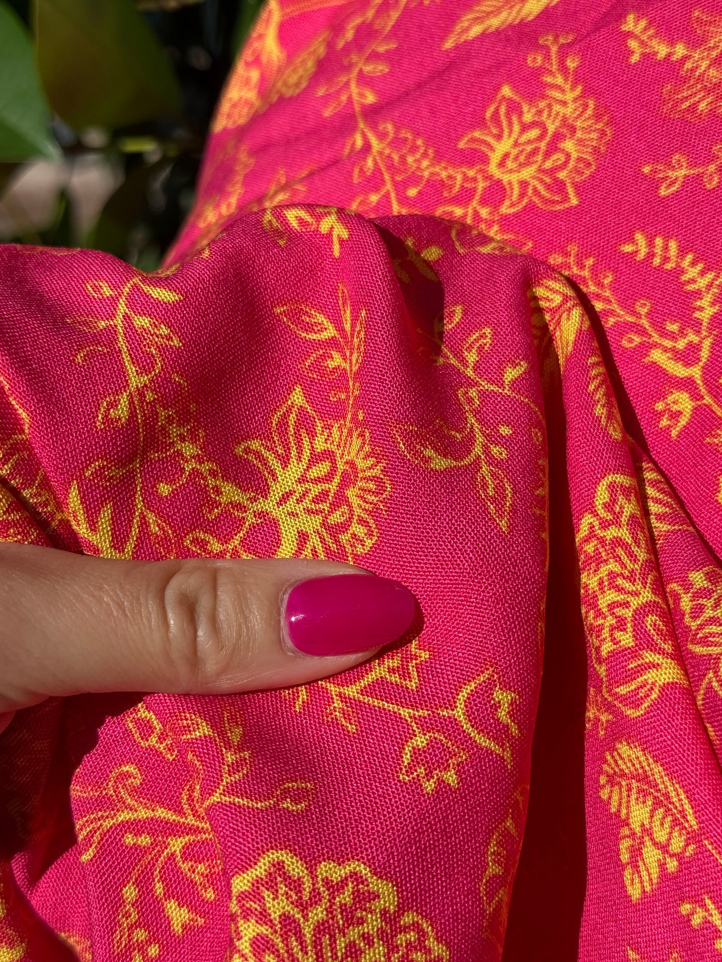 Fuchsia Magenta Pink Yellow Boho Floral Print Rayon Challis Woven "Bali Bound"