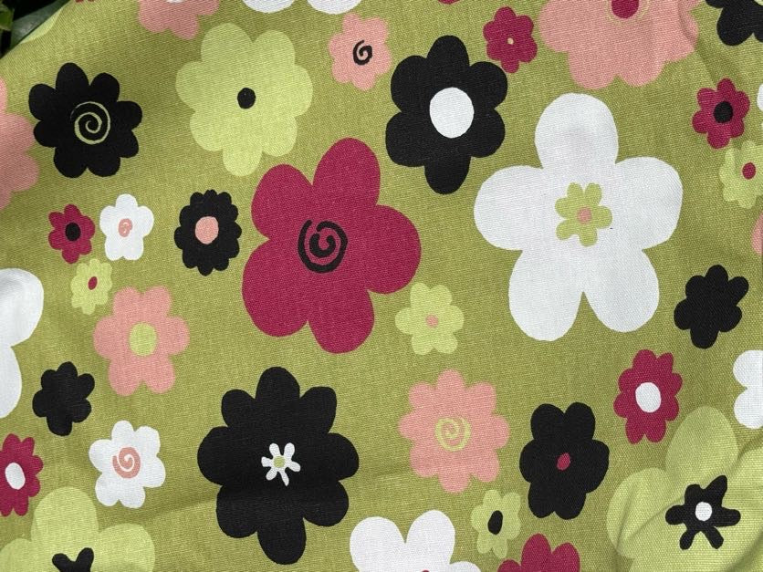 Olive Green Pink White Black Daisy Floral Print Cotton Canvas Woven "Doodle Daisy"