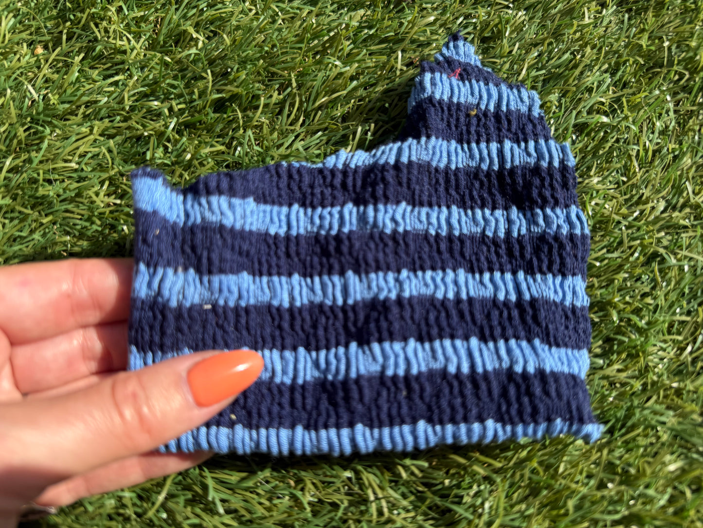 Blue Navy Stripe Smocked Rayon Spandex Knit “Sour Blue Rasberry"