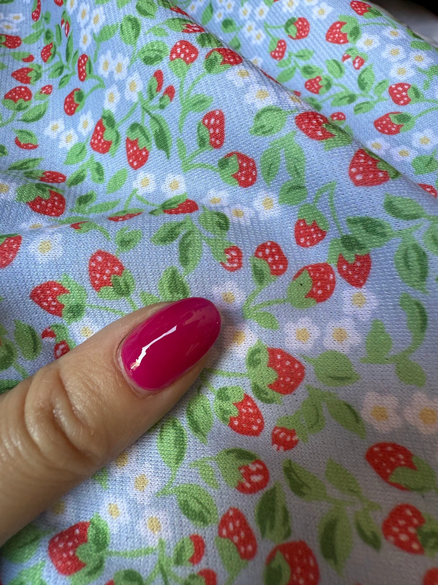 Red White Green Yellow Blue Floral Strawberry Print Polyester Spandex Ponte "Strawberry Patch"