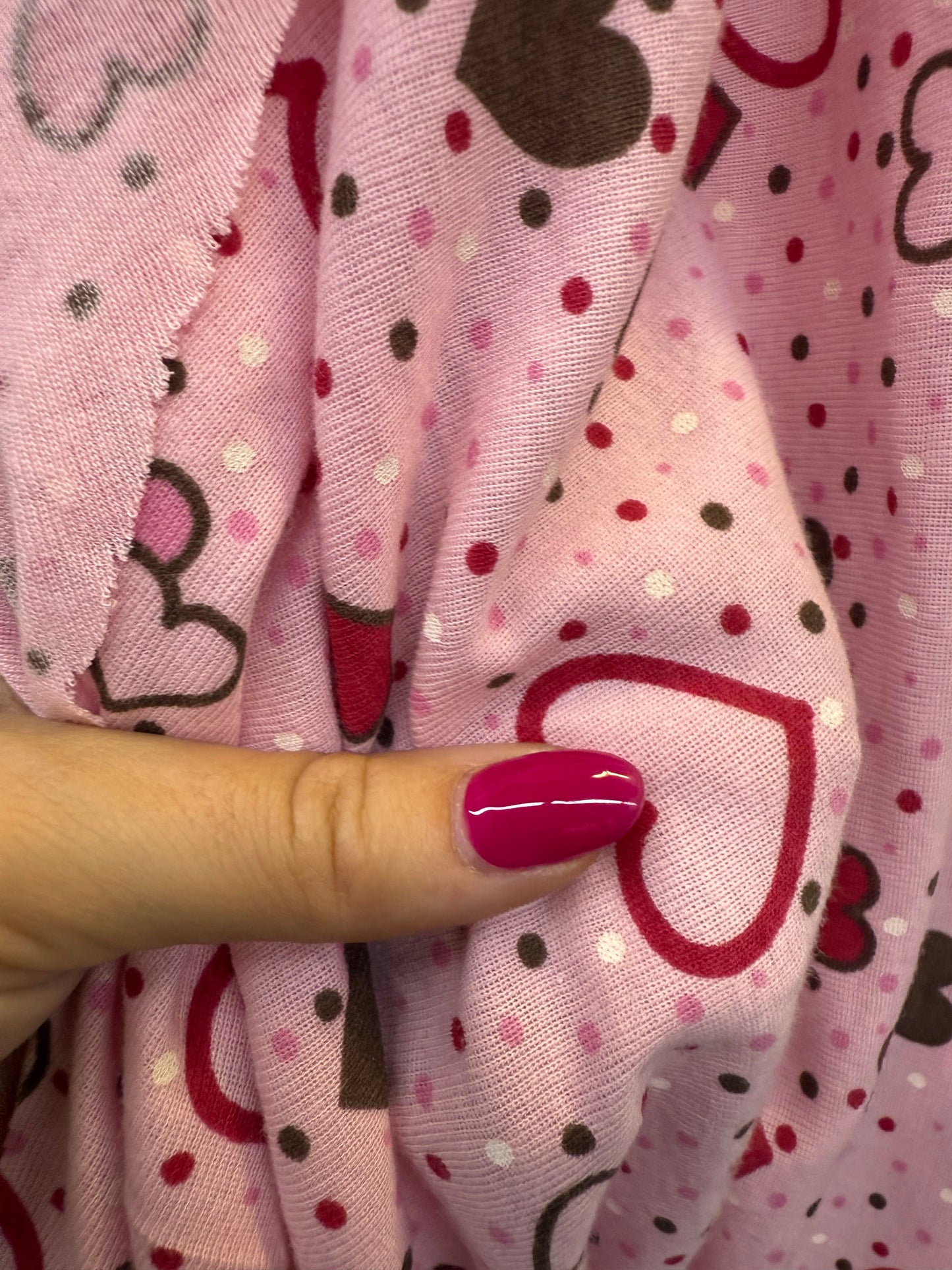 Pink Red Brown White Hearts Small Dots Vintage Cotton Jersey "Bubble up in Love"