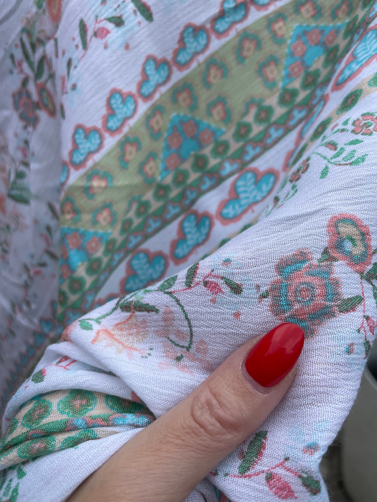 White Sage Pink Blue Paisley Stripe Soft Rayon Crepe "Folky Georgia"