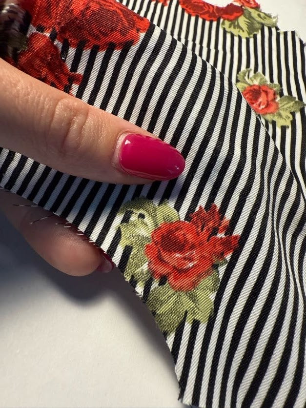 Black White Red Green Rose Floral Thin Stripe Polyester Woven "Darling Rosie"