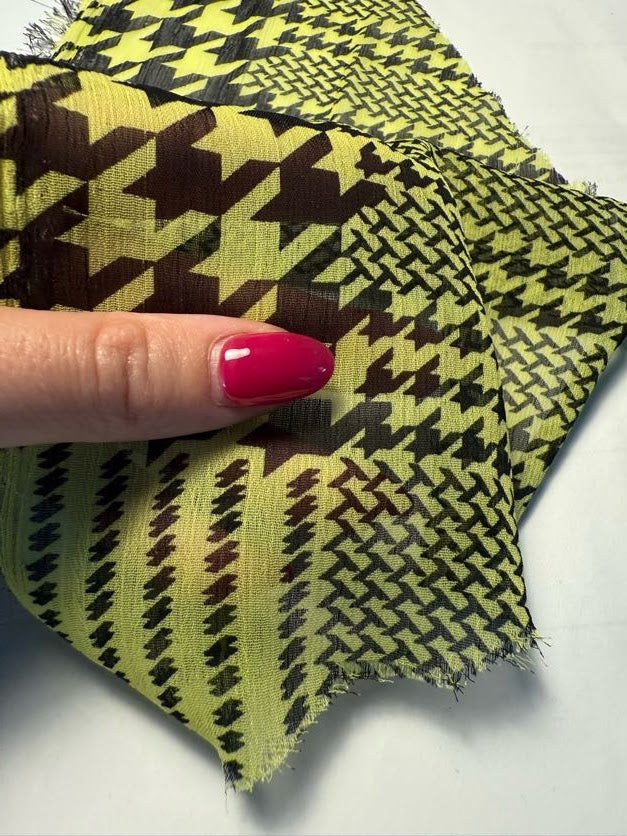 Black Neon Yellow Mixed Sized Houndstooth Print Sheer Polyester Chiffon "Neon Stars"