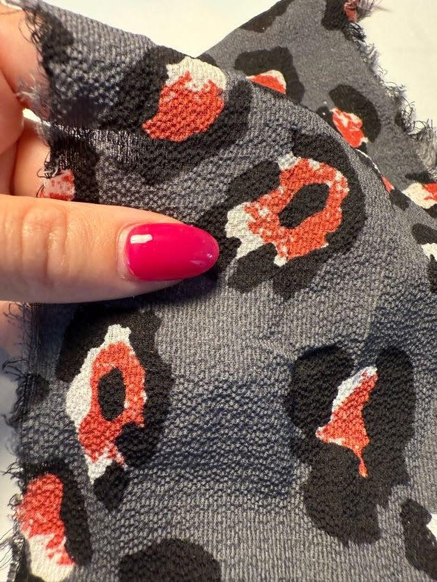 Gray Black Red White Leopard Print Polyester Crepe "Red Eye Jungle"