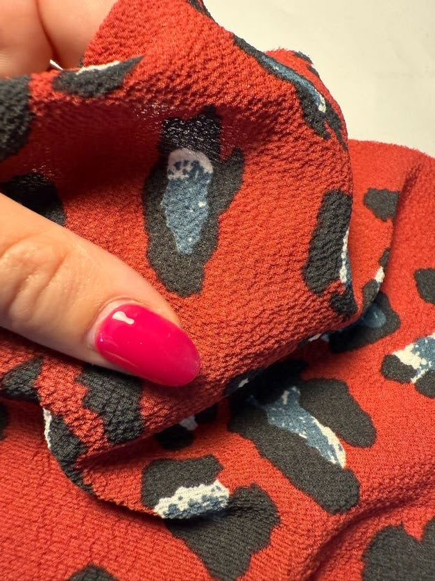 Red Black White Blue Leopard Print Polyester Crepe "Crimson Cat"