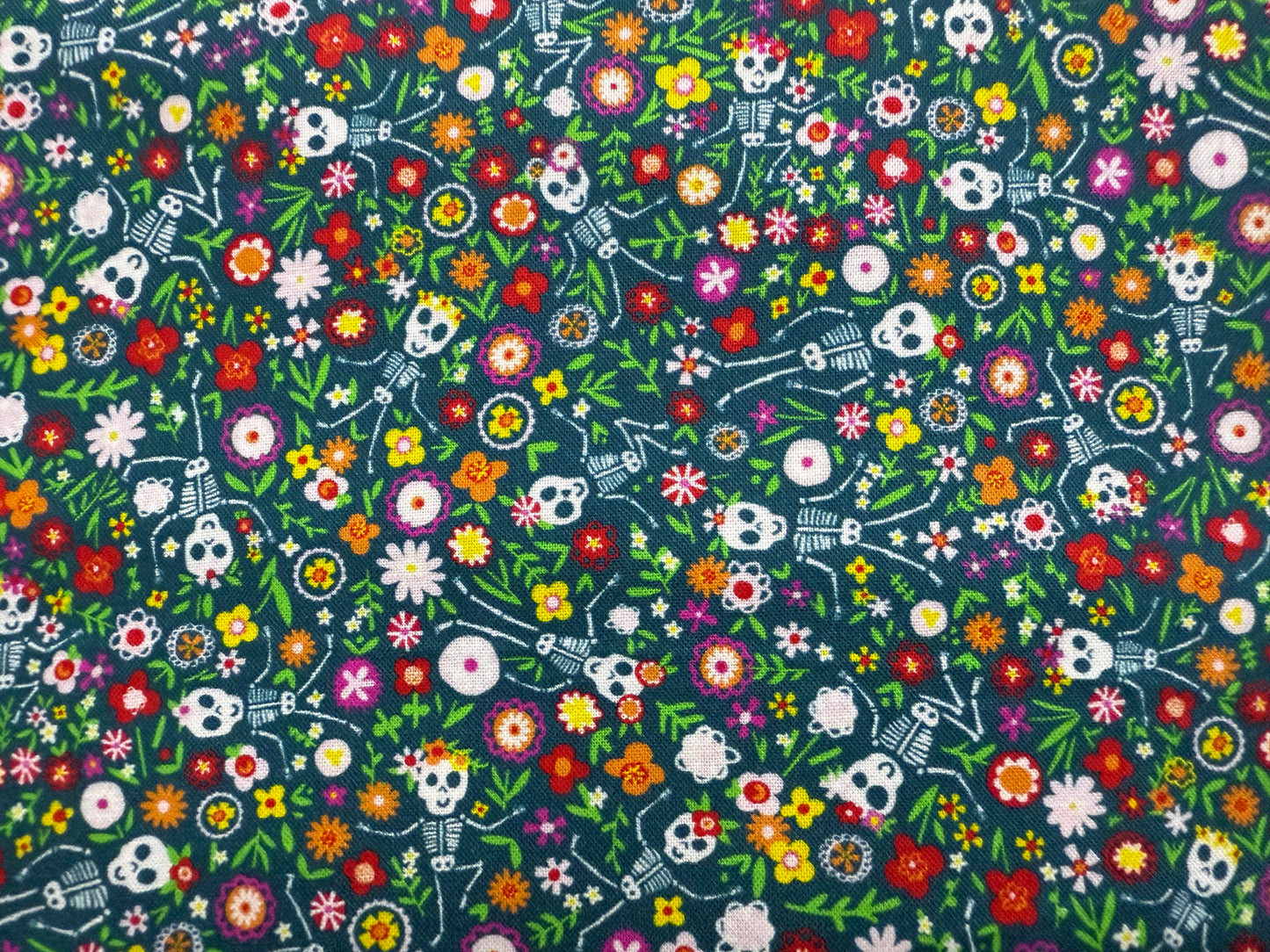 Blue Green Red Orange Yellow Purple Pink White Floral Cutesy Skeletons Cotton Woven "Bailando con Flores"