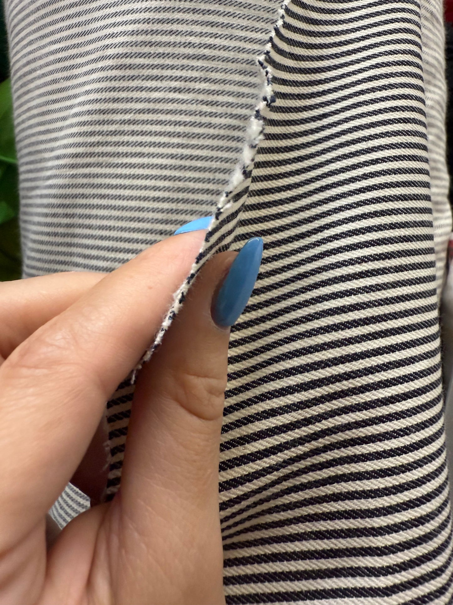 Navy White Thin Stripe Light Weight Cotton Spandex Denim "Tracks"