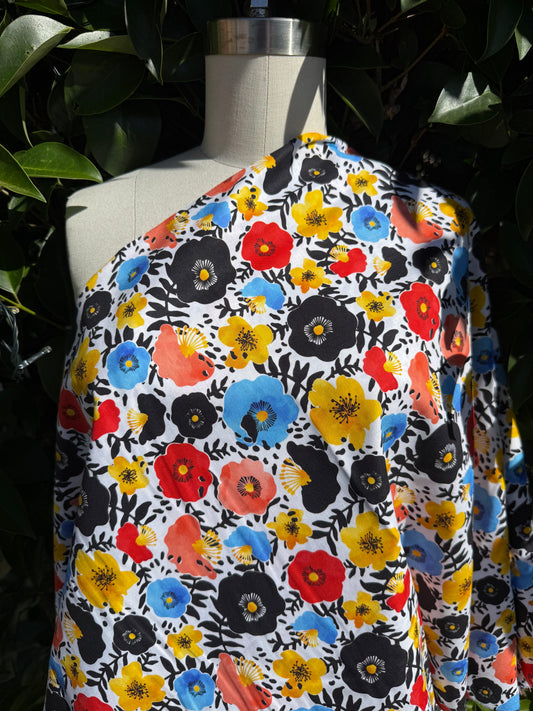 Black Blue Yellow Red White Pink Floral Quilt Cotton Poplin Woven "Poppy Blooms"