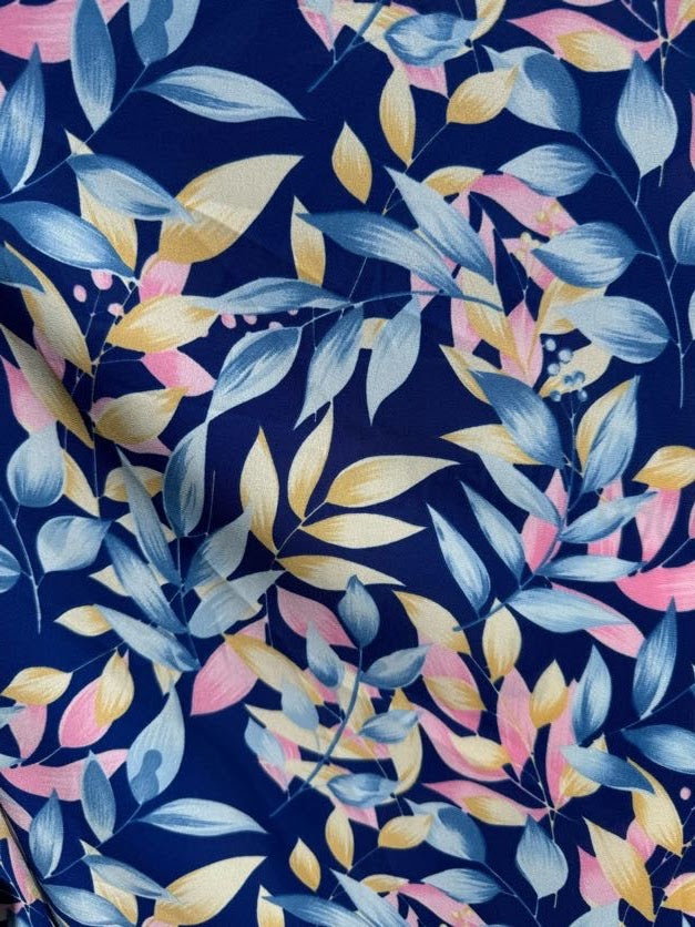 Blue Pink Yellow Leaf Print Polyester Crepe Woven "Out of the Office"