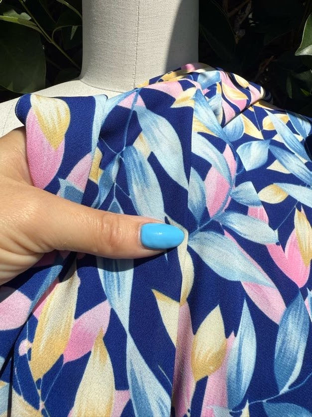 Blue Pink Yellow Leaf Print Polyester Crepe Woven "Out of the Office"