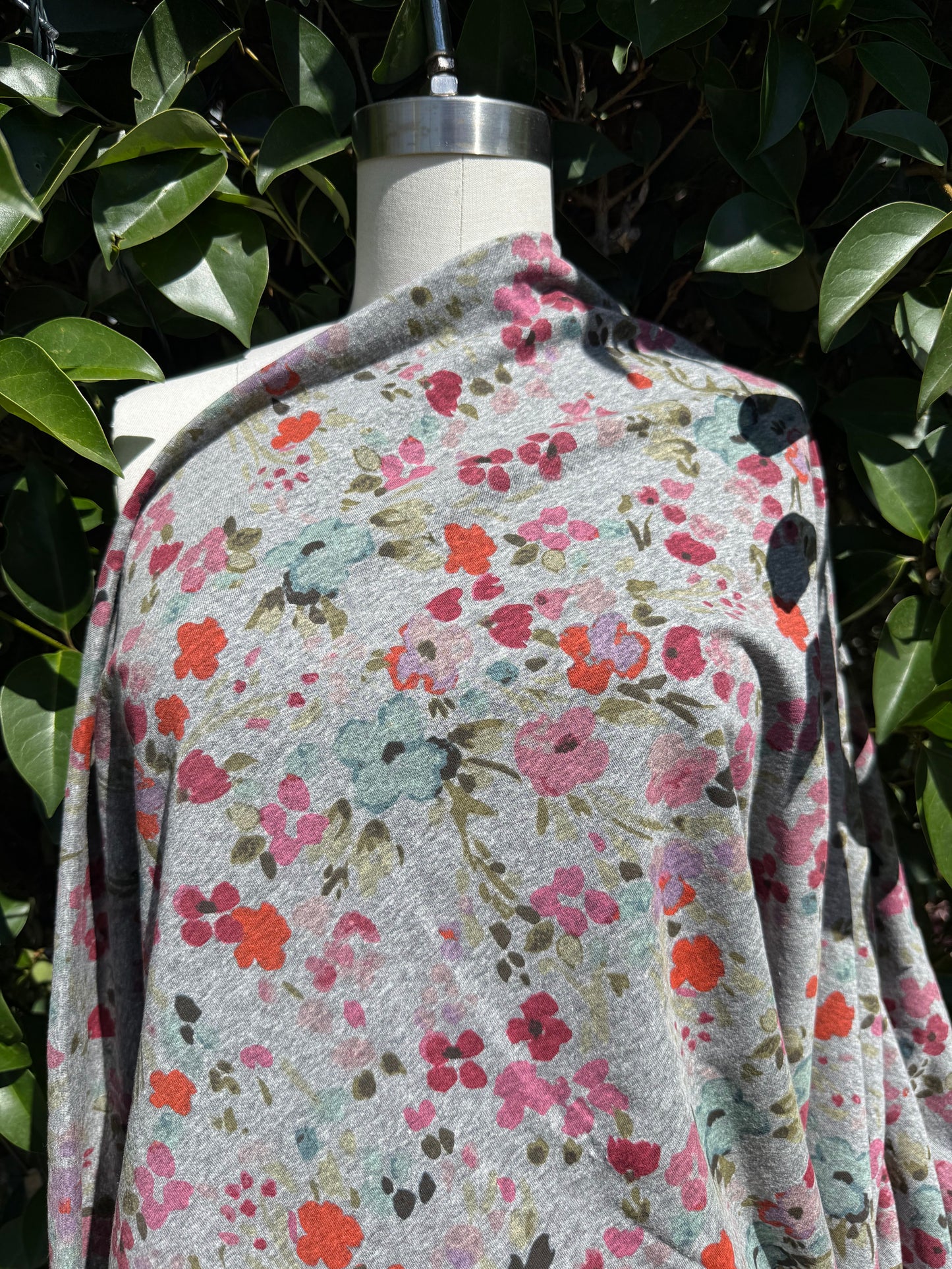 Pink Green Grey Abstract Watercolor Floral Tri-Blend Cotton Jersey "Dusty Blooms"