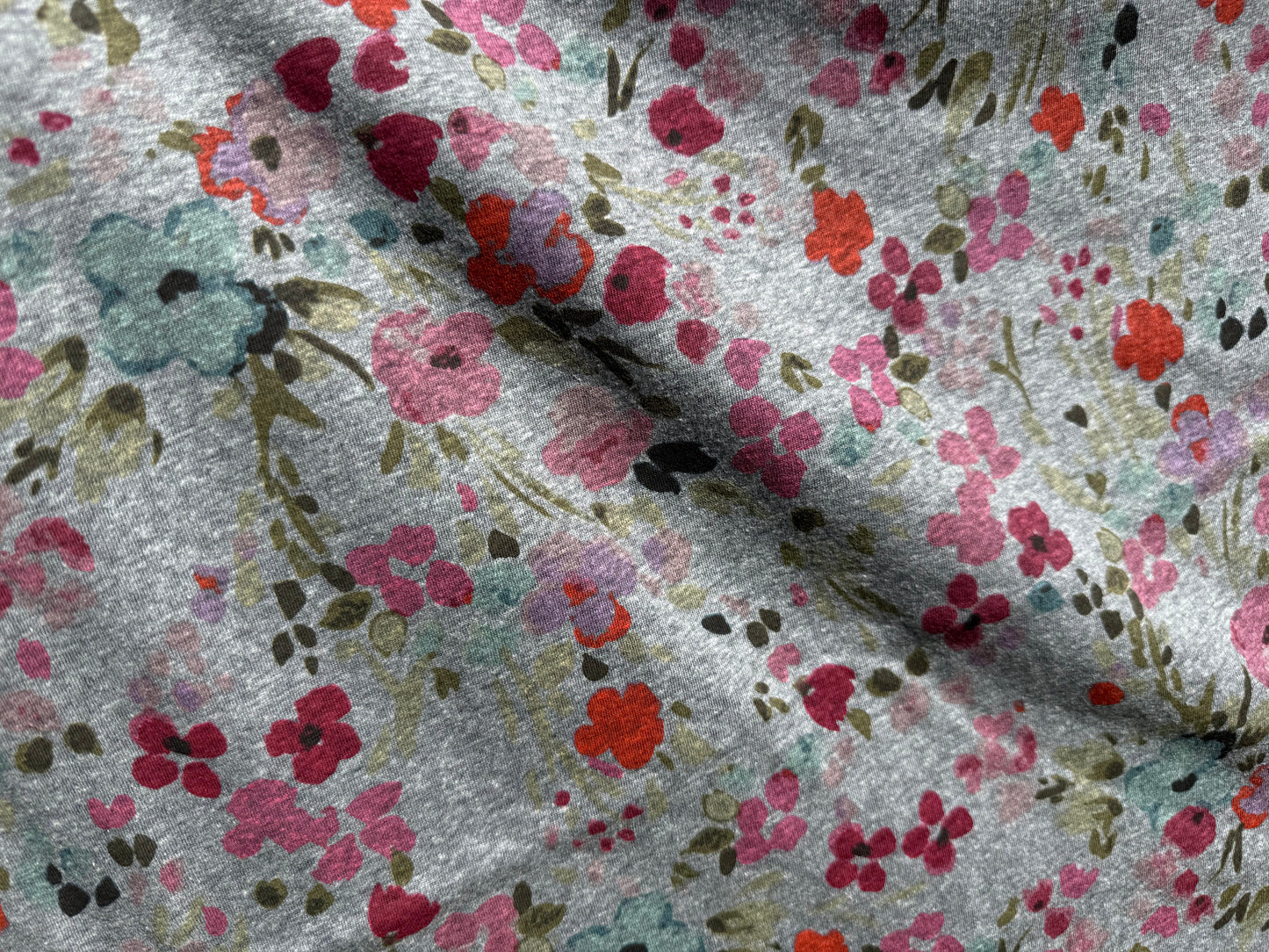 Pink Green Grey Abstract Watercolor Floral Tri-Blend Cotton Jersey "Dusty Blooms"
