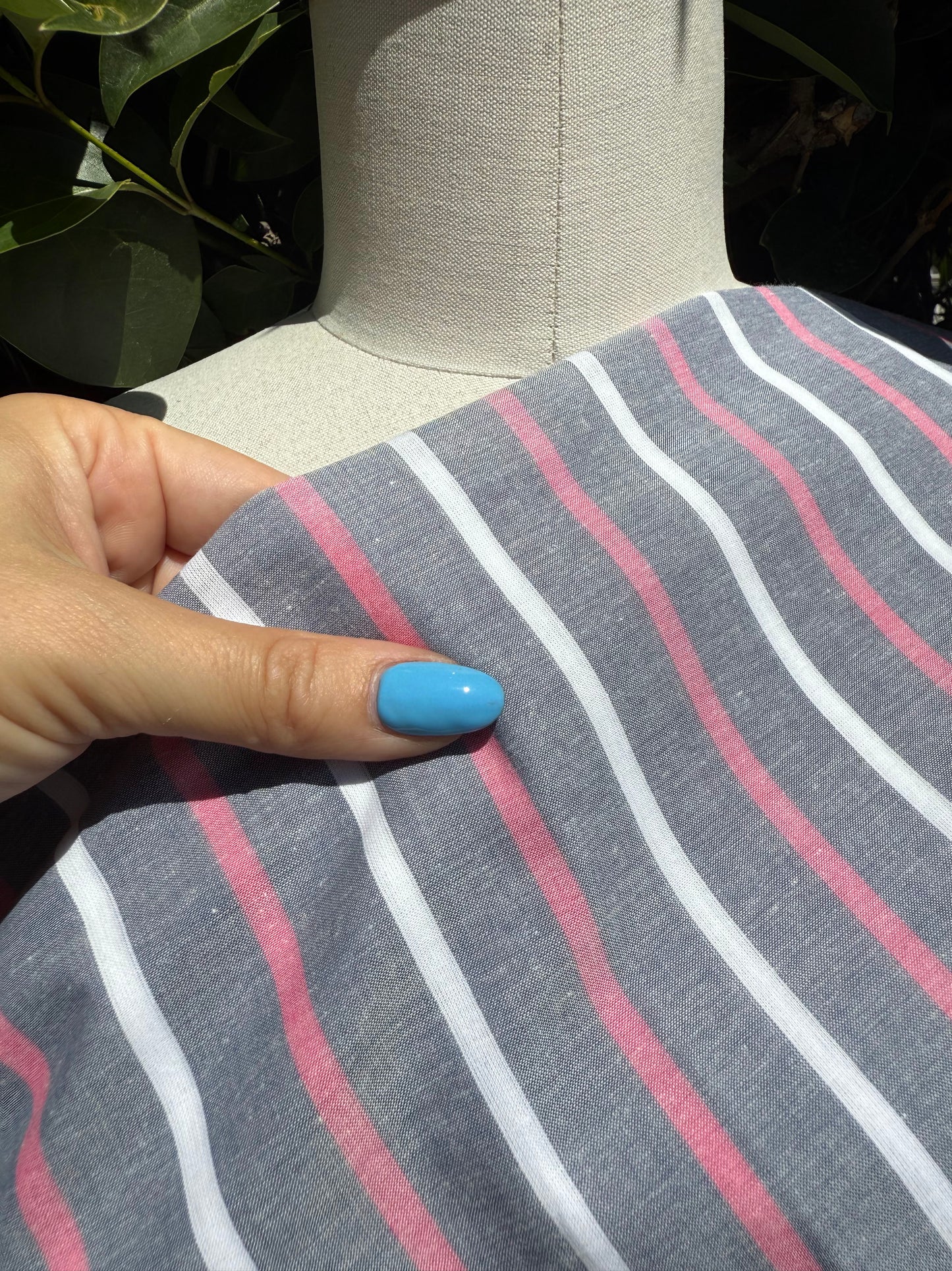 Blue Pink White Stripe Cotton Voile Woven Fabric "Little Lisa"