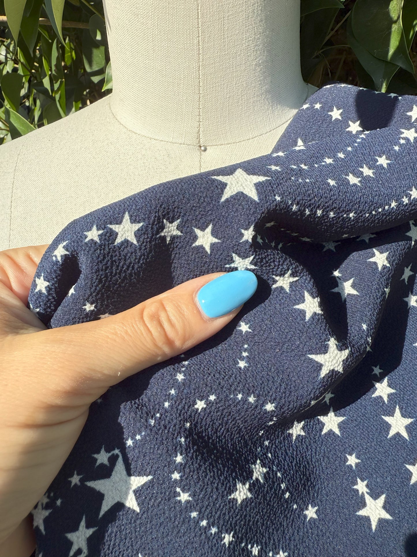 Blue White Star Polyester Crepe Woven "Constellations Spirals"