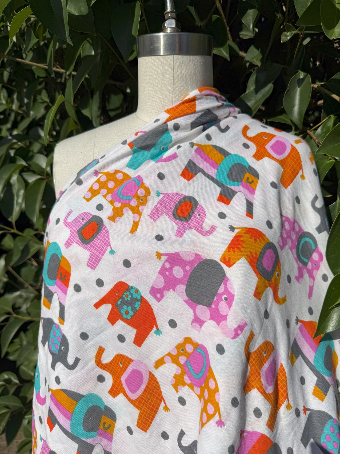 Pink Blue Orange Purple Gray Yellow White Dot Elephant Cotton Spandex Jersey Knit "Curious Elephants"