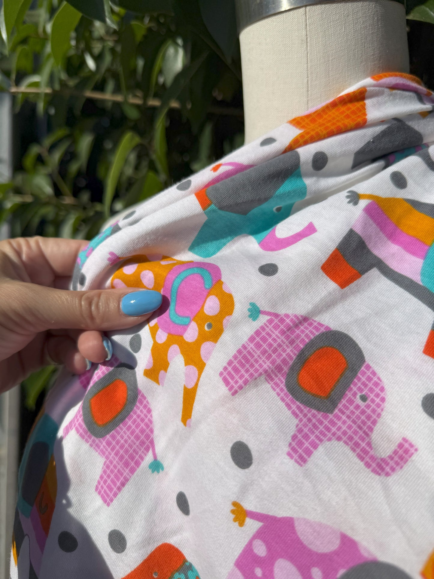 Pink Blue Orange Purple Gray Yellow White Dot Elephant Cotton Spandex Jersey Knit "Curious Elephants"