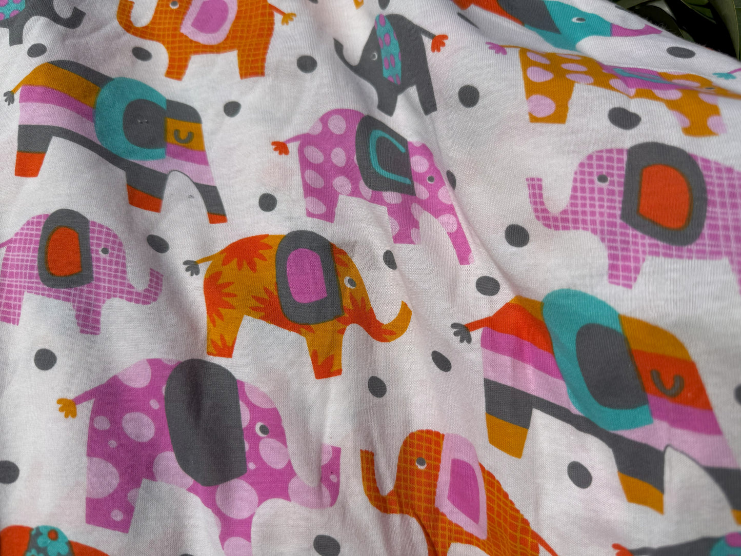 Pink Blue Orange Purple Gray Yellow White Dot Elephant Cotton Spandex Jersey Knit "Curious Elephants"