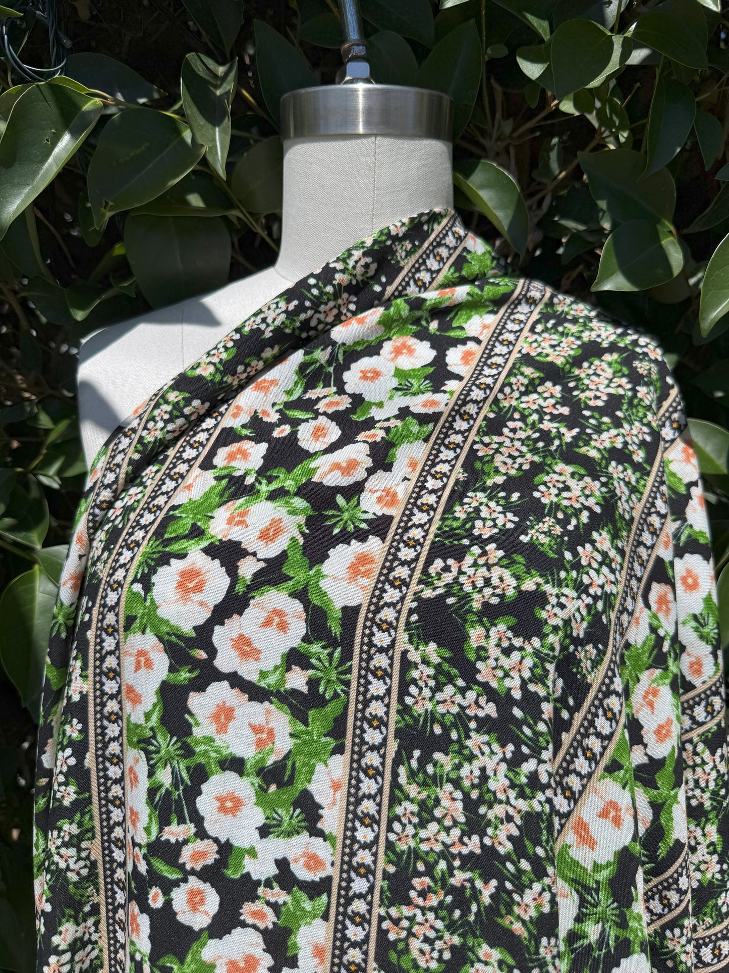 Black White Green Stripe Floral Vertical Stripe Boho Rayon Challis Woven "Seville Spring"