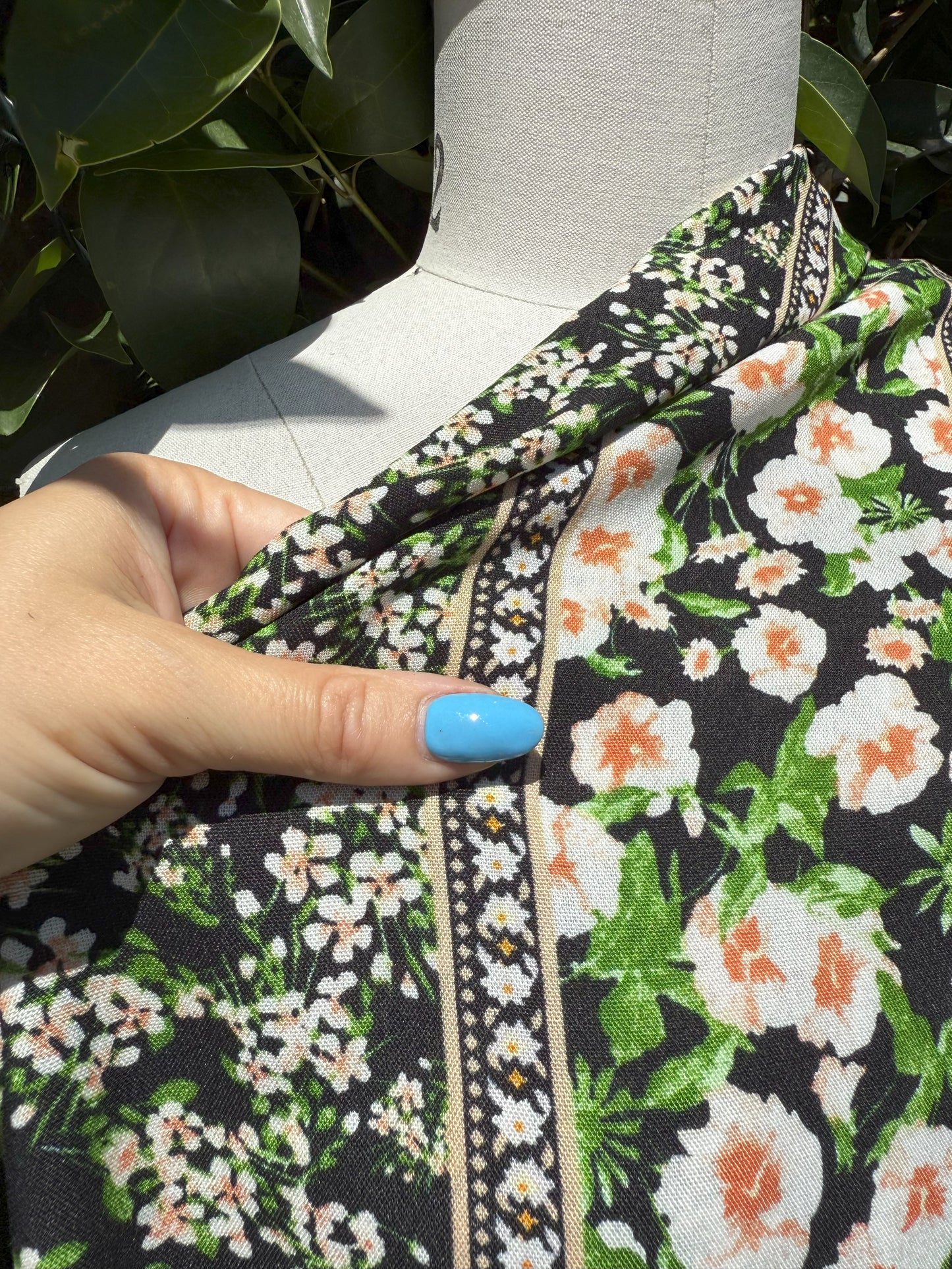 Black White Green Stripe Floral Vertical Stripe Boho Rayon Challis Woven "Seville Spring"