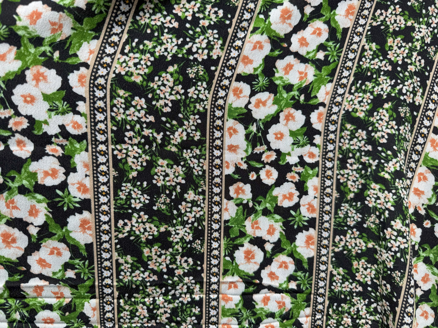 Black White Green Stripe Floral Vertical Stripe Boho Rayon Challis Woven "Seville Spring"