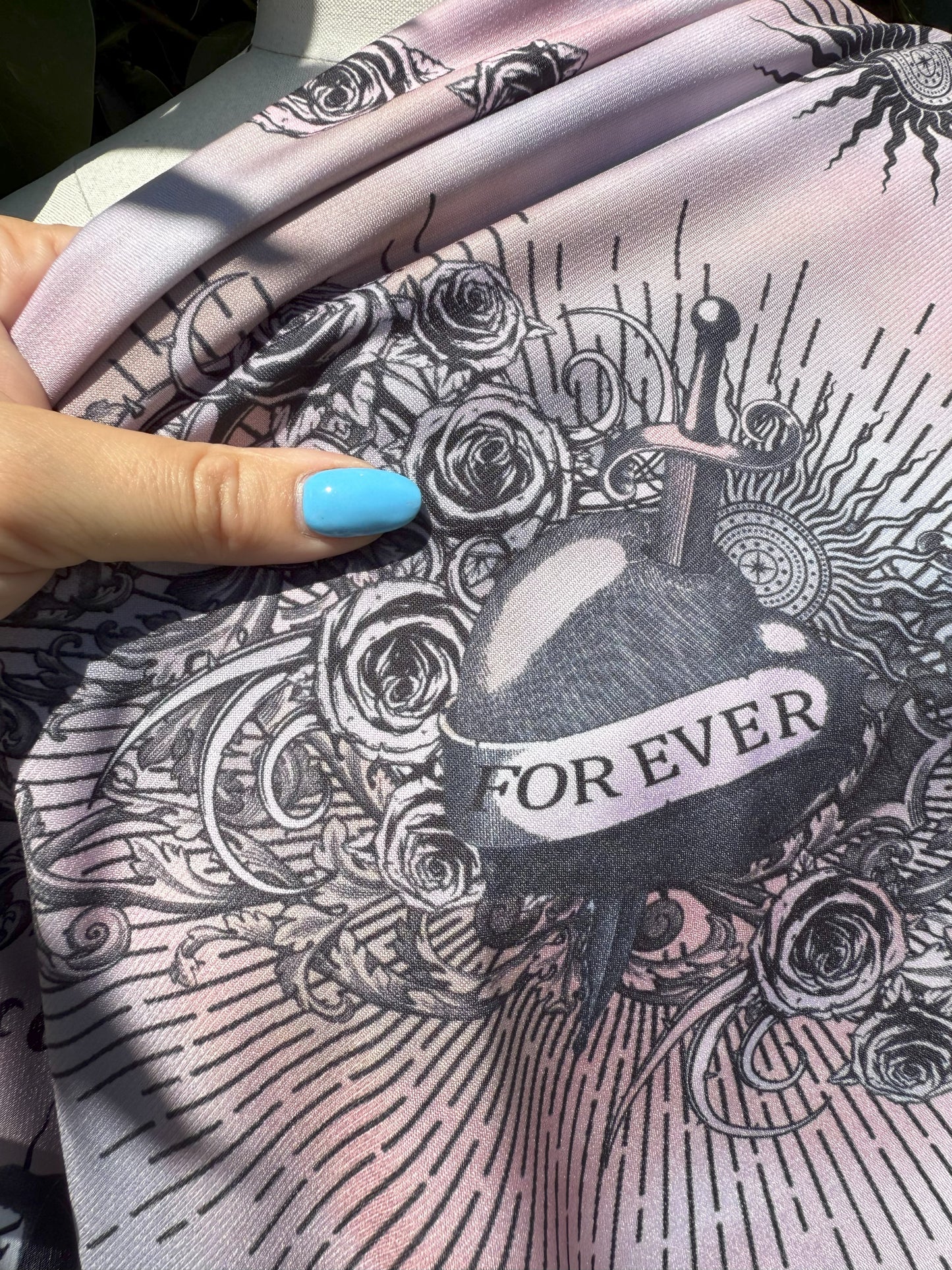 Pink Black Tie-dye Sword in Heart Sun Floral Ink Moon Polyester Spandex Jersey Knit "Love Never Dies"