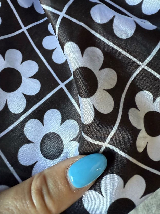 Black White Pop Floral Grid Print Polyester Charmeuse "Tic Tac Toe Daisy"