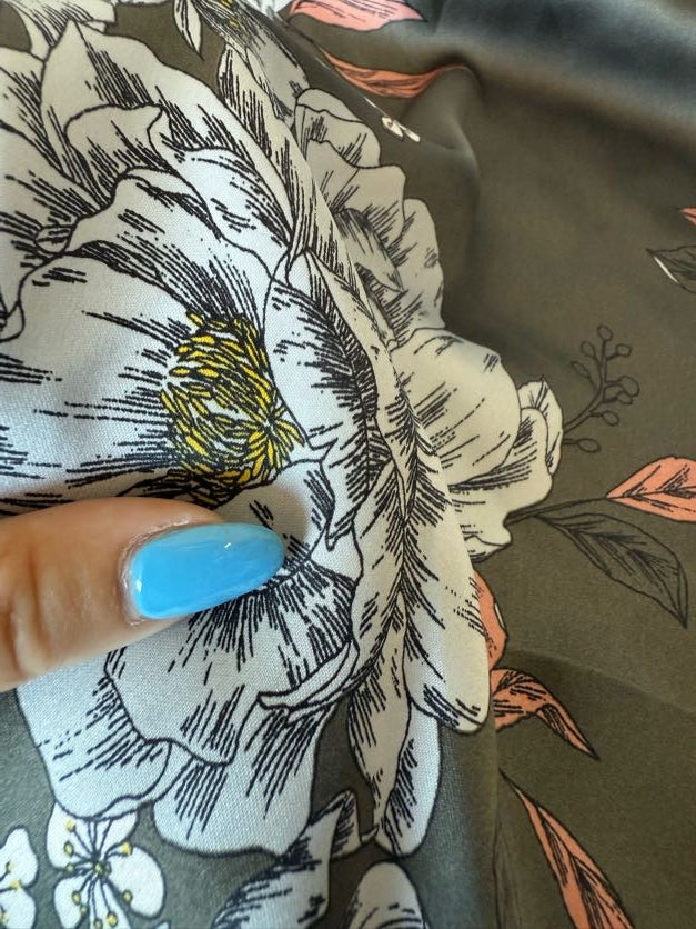 Green White Black Coral Yellow Illustrative Line Art Large Floral Polyester "Paper Petals "