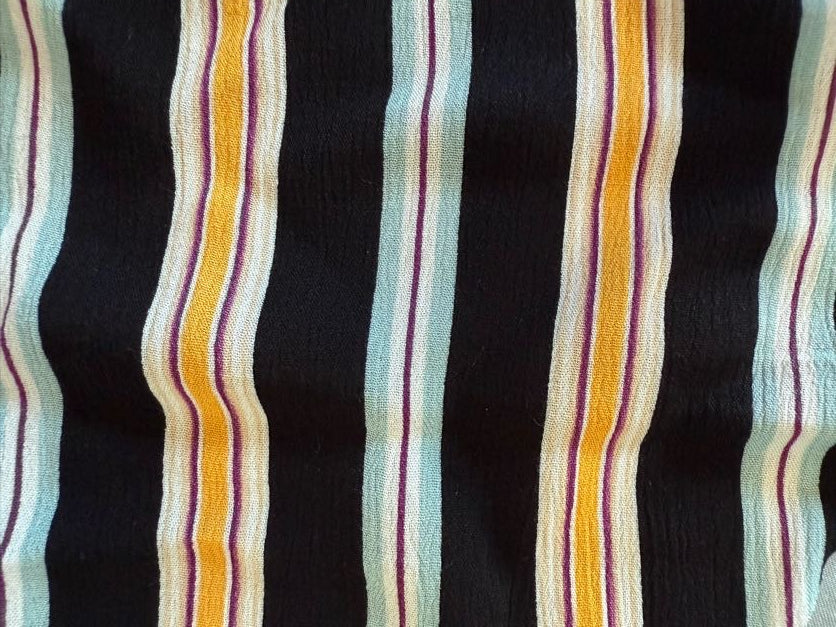 Black Blue Yellow Purple Pink White Vertical Stripe Rayon Crepe "Carnival Date"