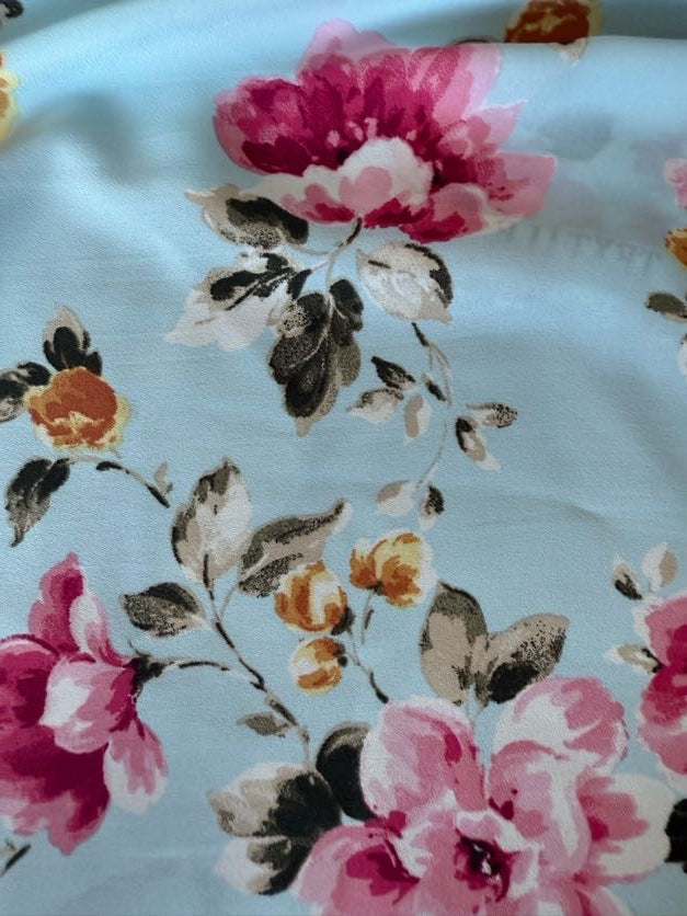 Blue Yellow Pink Green White Watercolor Floral Sheer Polyester Georgette "Tea and Crumpets"