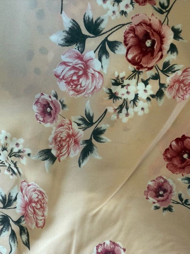 Yellow Pink White Green Floral Sheer Polyester Crepe "Camellia Season"