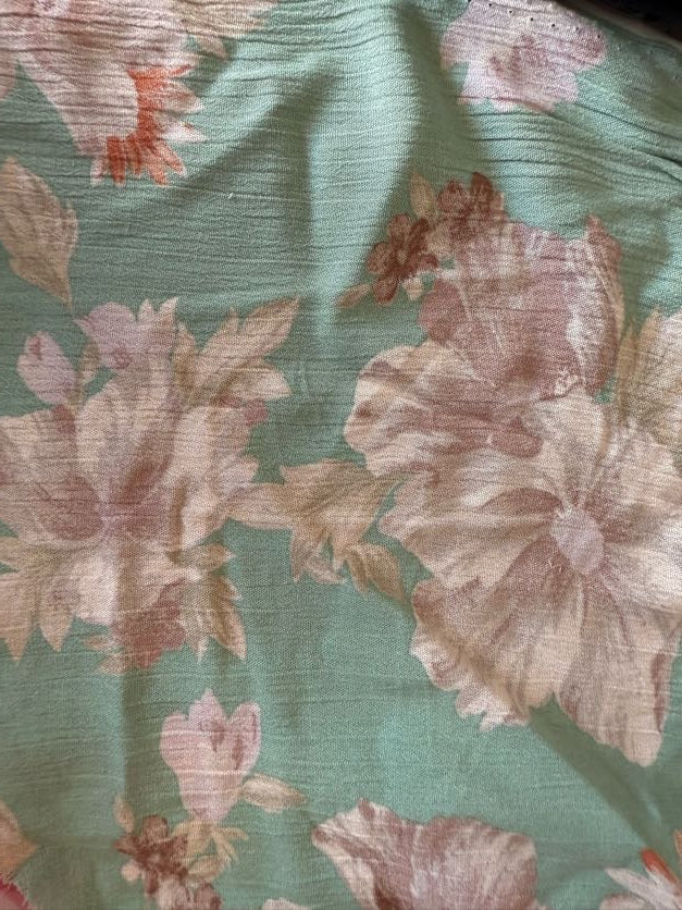 Light Blue White Light Purple Orange Large Floral Print Rayon Crepe "Faded Herbarium"