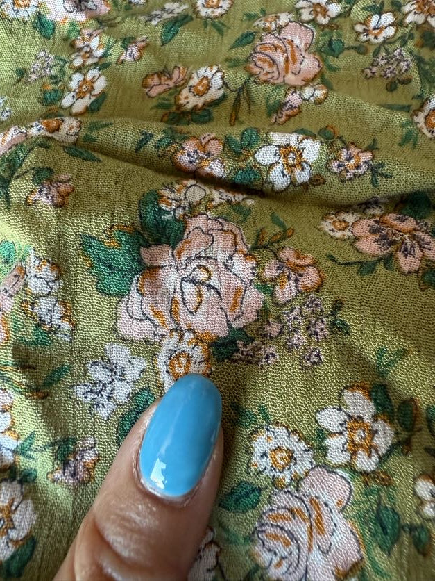 Olive Green Pink White Gold Black Floral Print Rayon Crepe "Tea Garden"