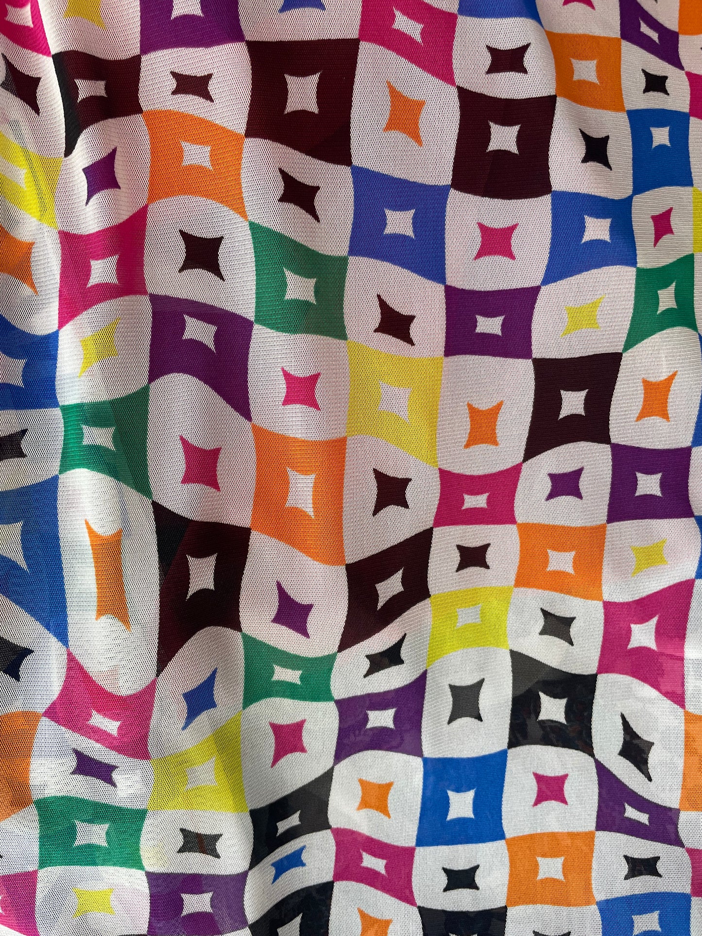 White Pink Yellow Multi Colored Retro Diamond Polyester Stretch Mesh "Crazy for Las Vegas'