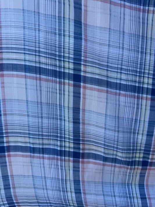Blue Orange Yellow White Plaid Flowy Cotton Voile Woven "Morning Blue Sky"