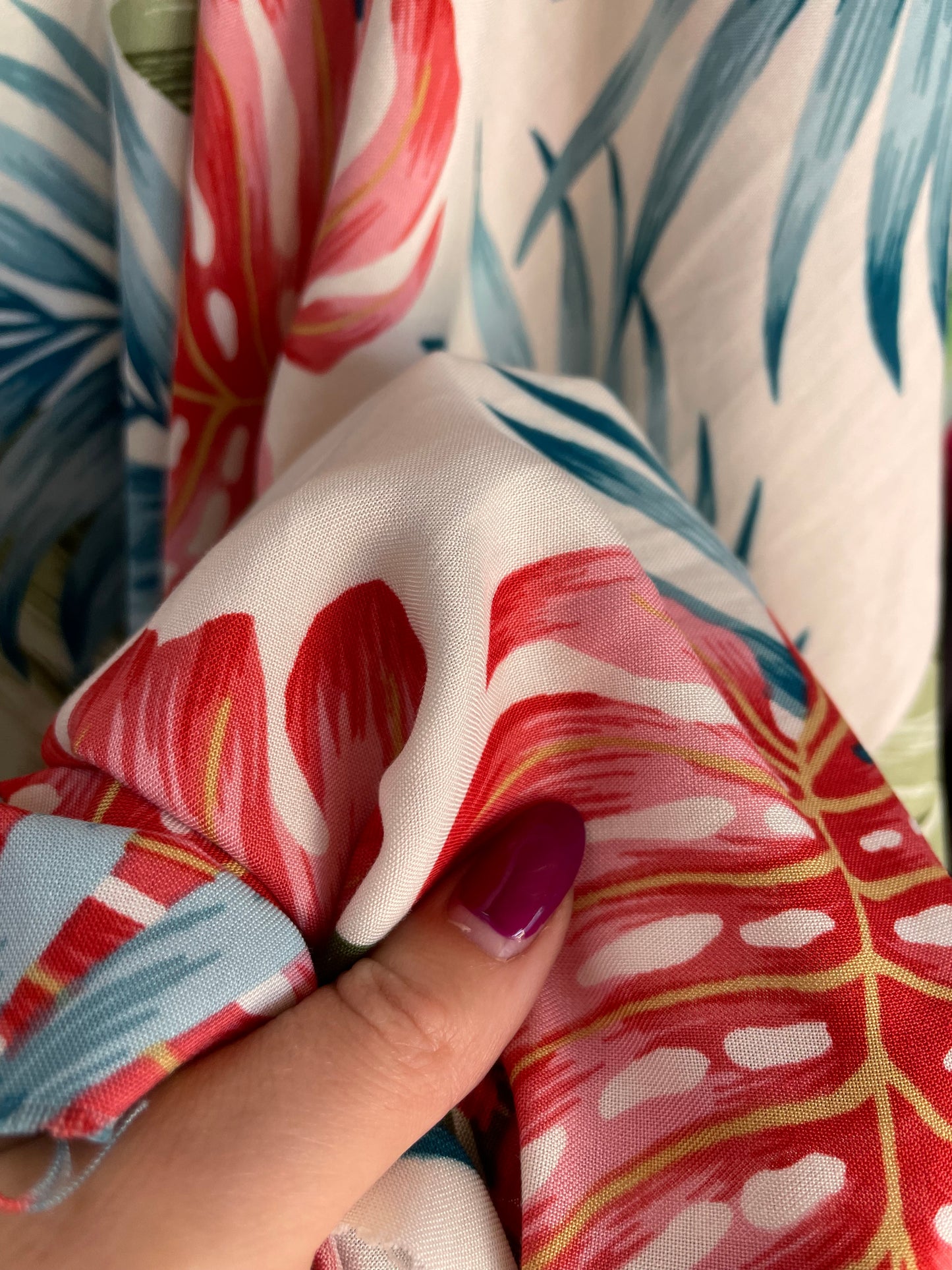 Ivory Pink Teal Green Palm Tropical Print Soft Rayon Challis "Lovers Palm"