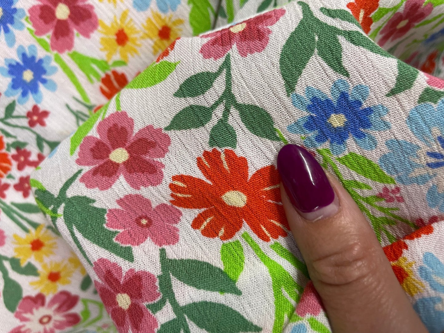 White Blue Red Green Multi Color Ditsy Floral Rayon Challis "Off To The Meadow"