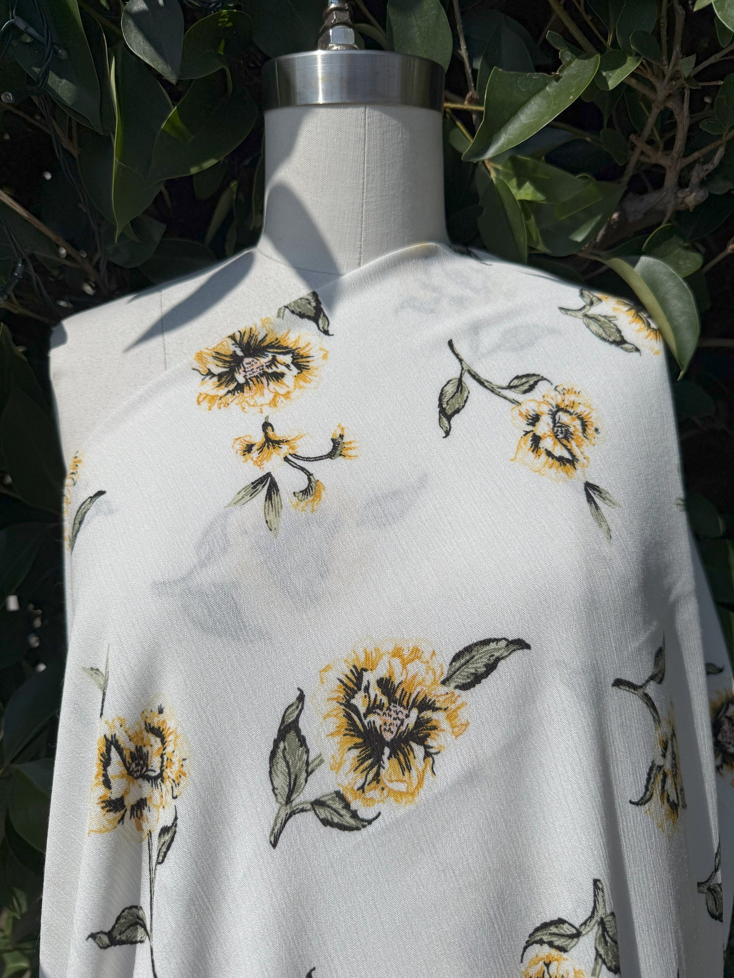 White Yellow Black Green Floral Rayon Crepe Woven "Sunshine Meadow"