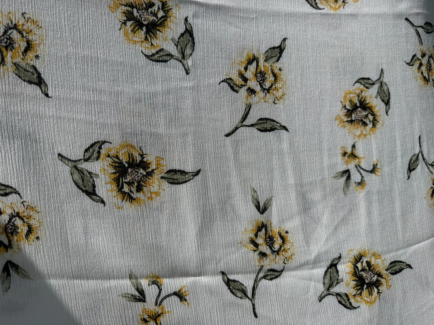 White Yellow Black Green Floral Rayon Crepe Woven "Sunshine Meadow"