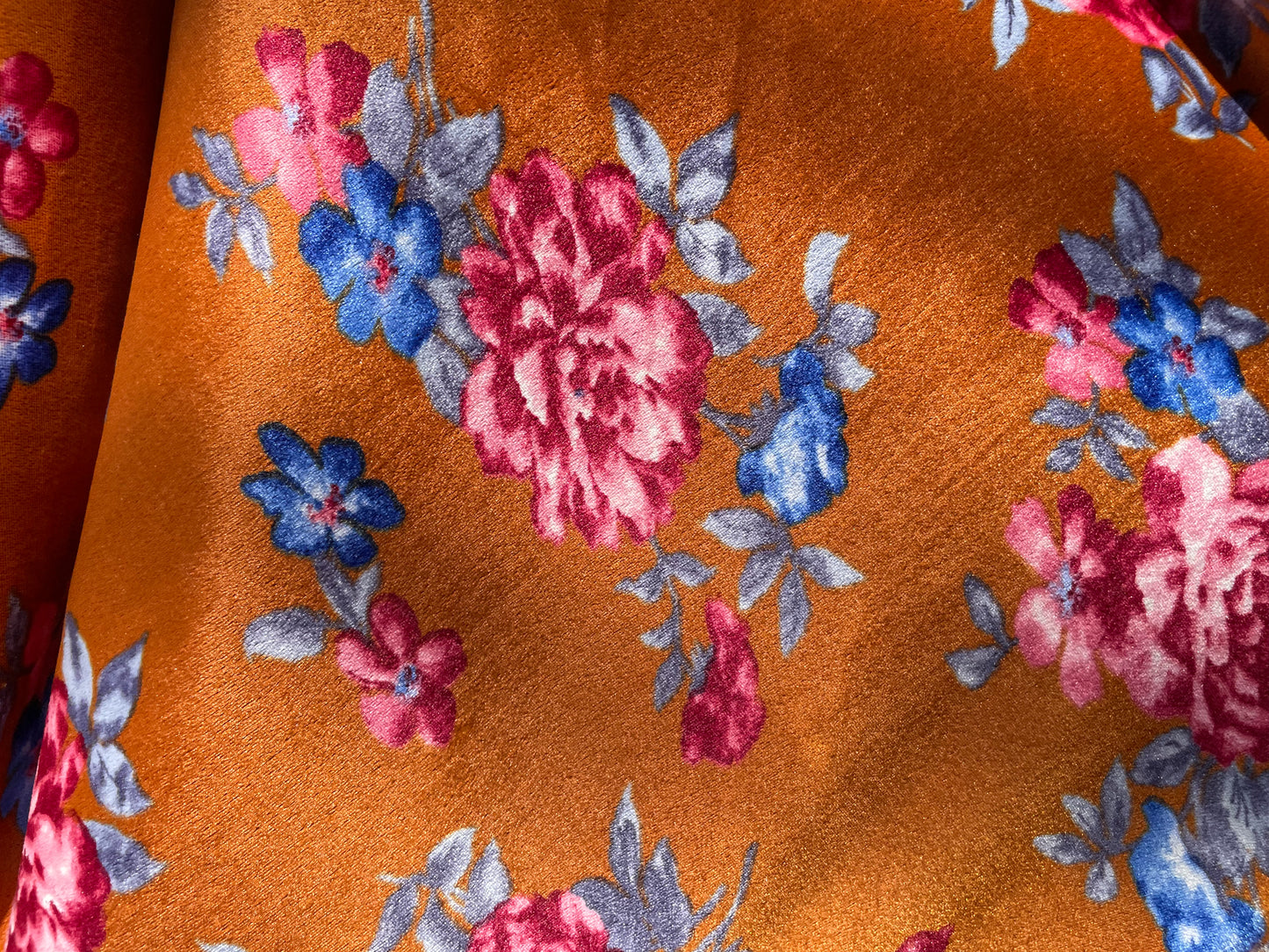 Rust Pink Blue Large Rose Floral Print Retro Stretch Velvet Polyester Spandex Knit "Tia's Couch"